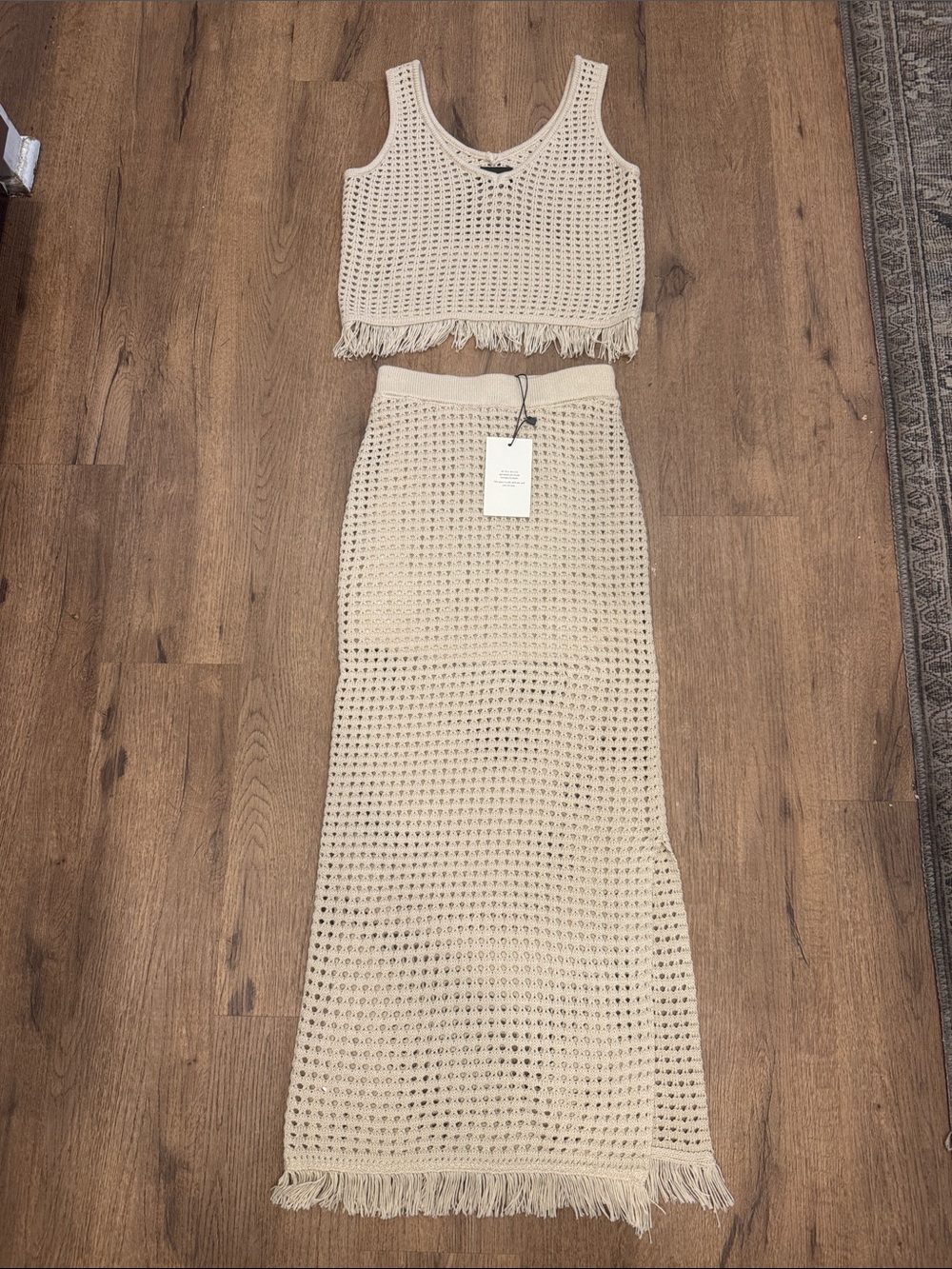 NWT Beige Crochet Fringe Two-Piece Skirt Set